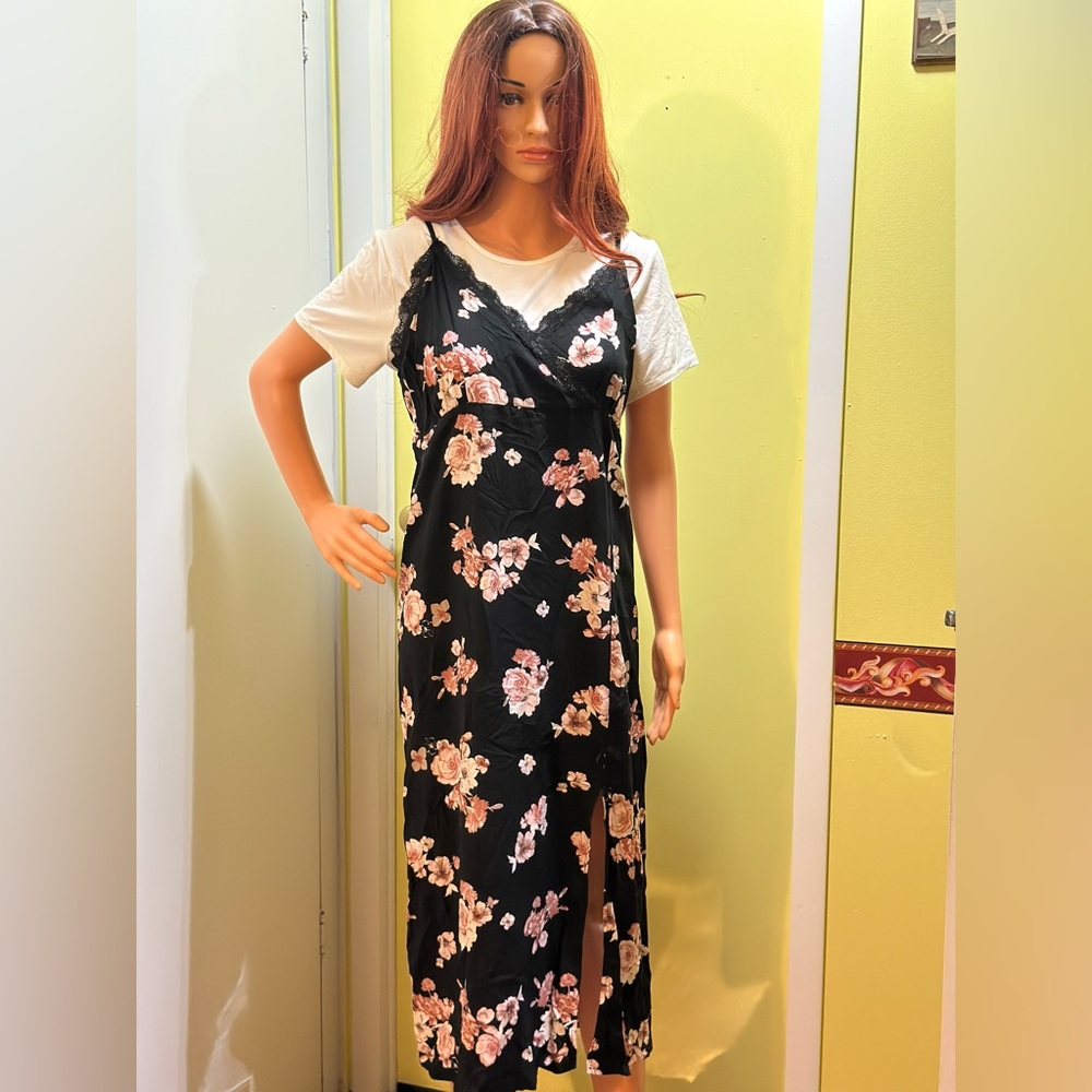 No Boundaries Black Floral Maxi Dress with White Shirt Underneath